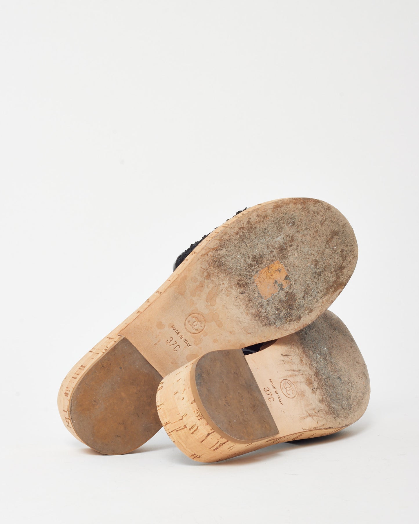 Chanel Black Patent Trim and Tweed Gold GG Logo Cork Slide Sandals - 37