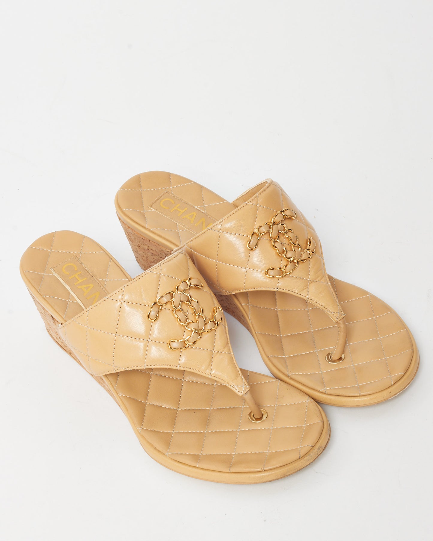 Chanel Beige Shiny Quilted Goatskin Leather 19 Logo Wedge Thong Sandals - 37