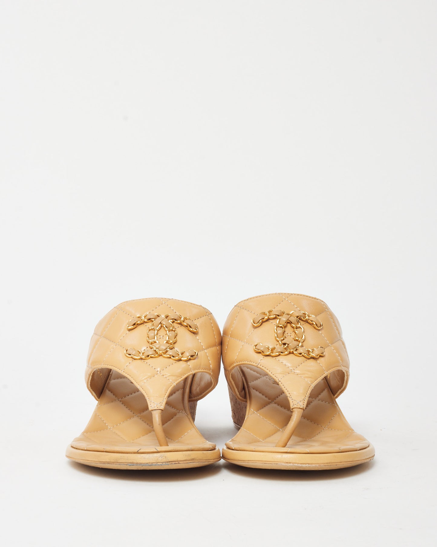 Chanel Beige Shiny Quilted Goatskin Leather 19 Logo Wedge Thong Sandals - 37