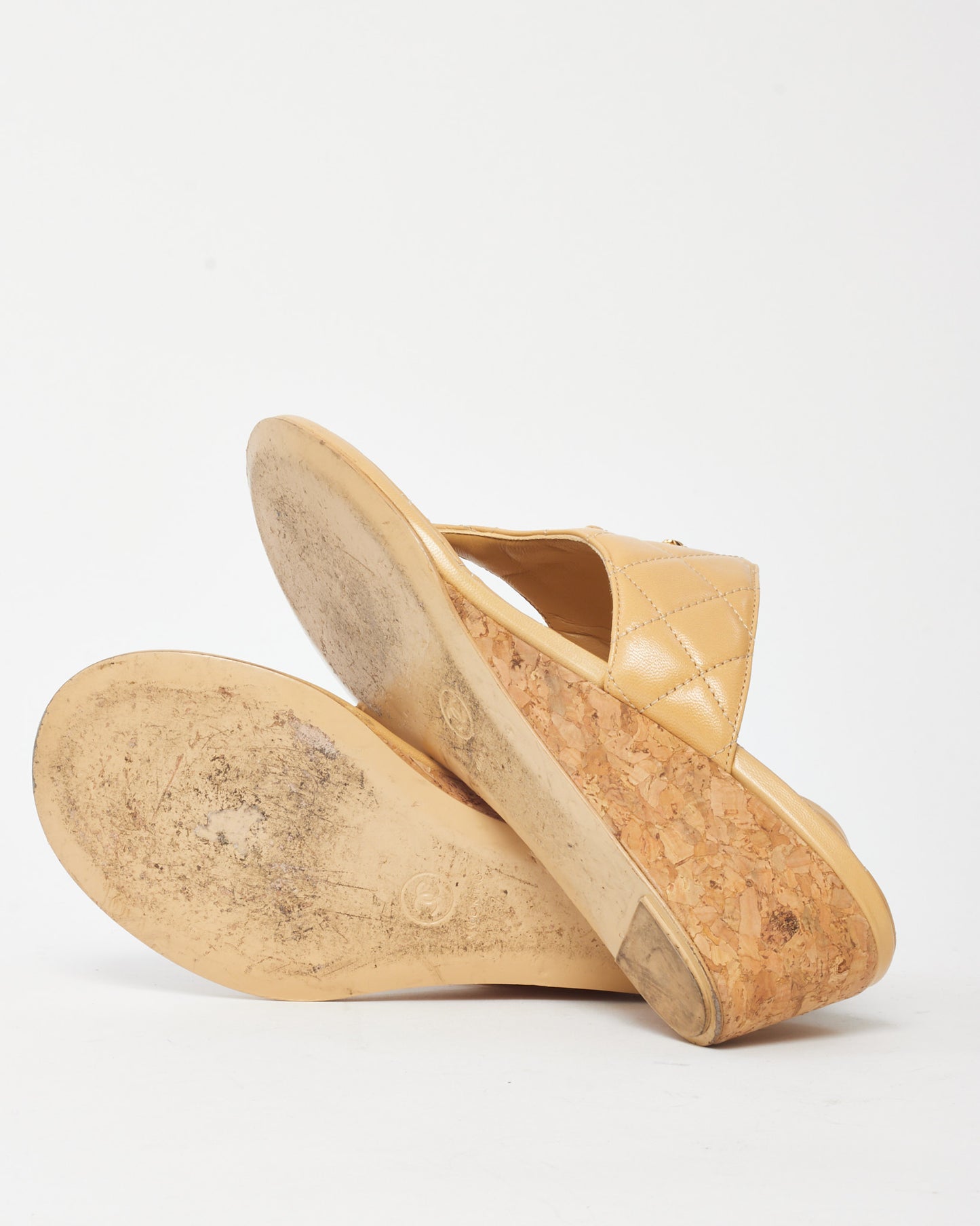 Chanel Beige Shiny Quilted Goatskin Leather 19 Logo Wedge Thong Sandals - 37