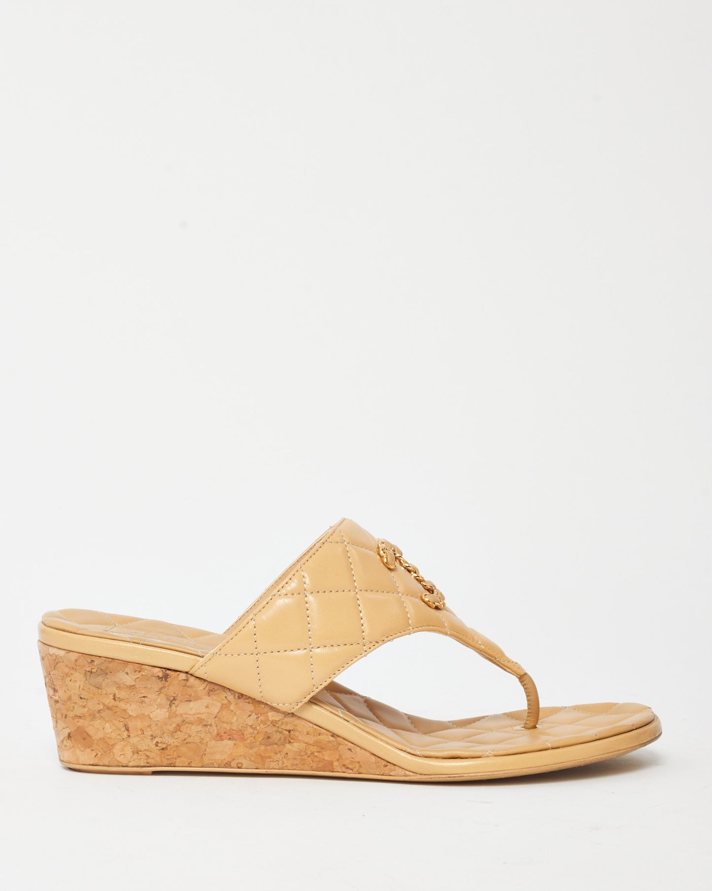 Chanel Beige Shiny Quilted Goatskin Leather 19 Logo Wedge Thong Sandals - 37