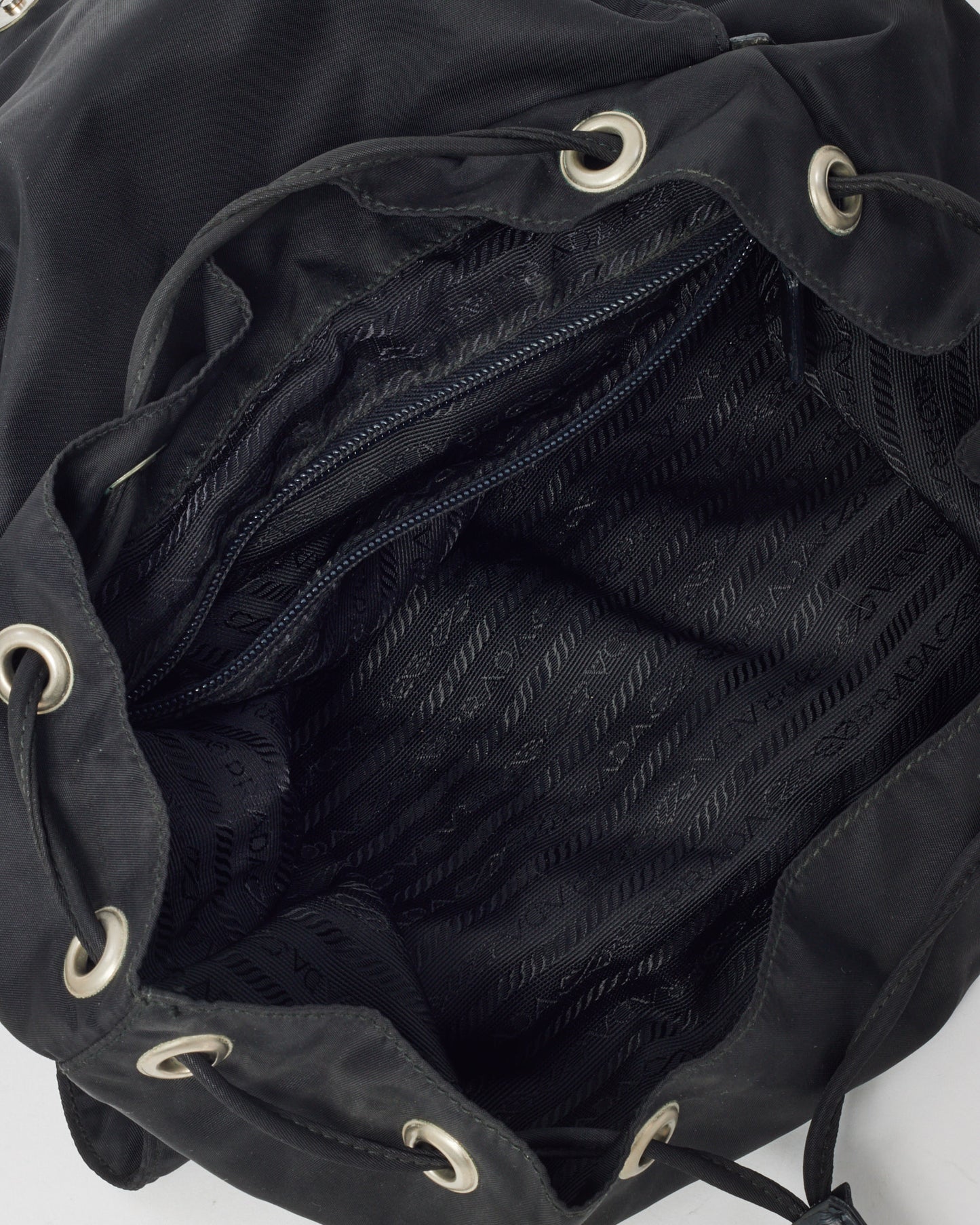 Prada Black Tessuto Nylon Vela Small Double Pocket Drawstring Backpack