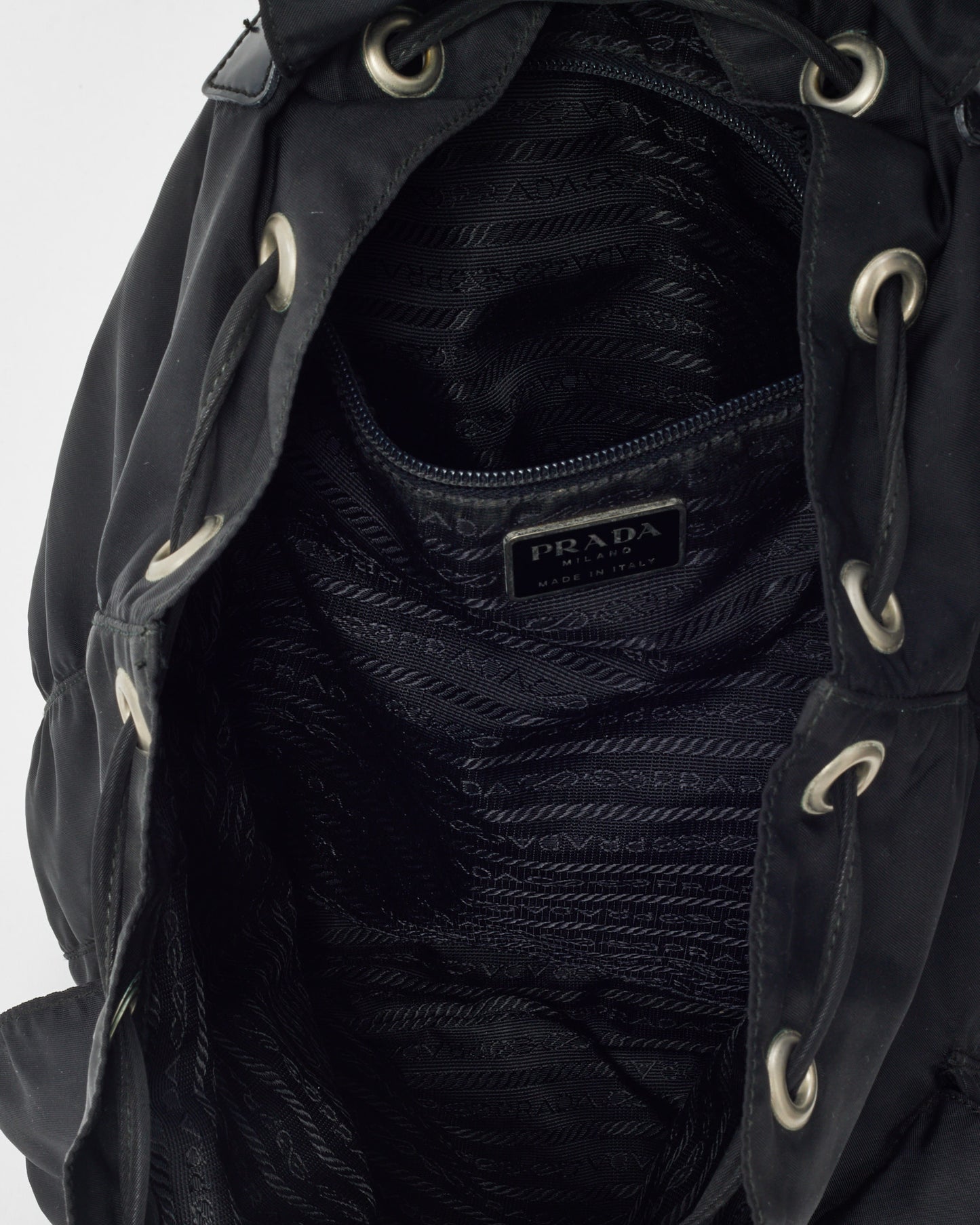 Prada Black Tessuto Nylon Vela Small Double Pocket Drawstring Backpack