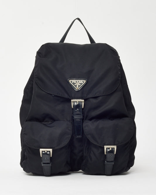 Prada Black Tessuto Nylon Vela Small Double Pocket Drawstring Backpack