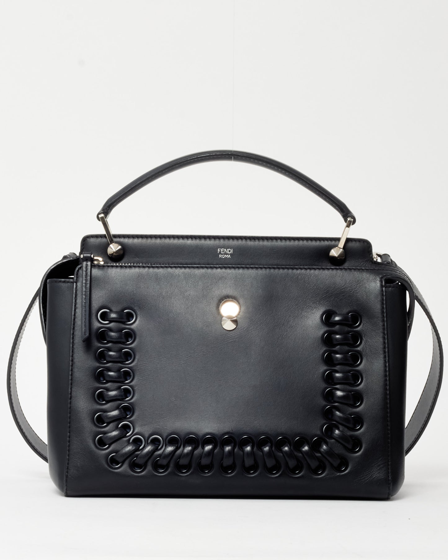 Fendi Black Vitello Baltico Dolce Shiny Nappa Lace Up DotCom Satchel Bag with Strap