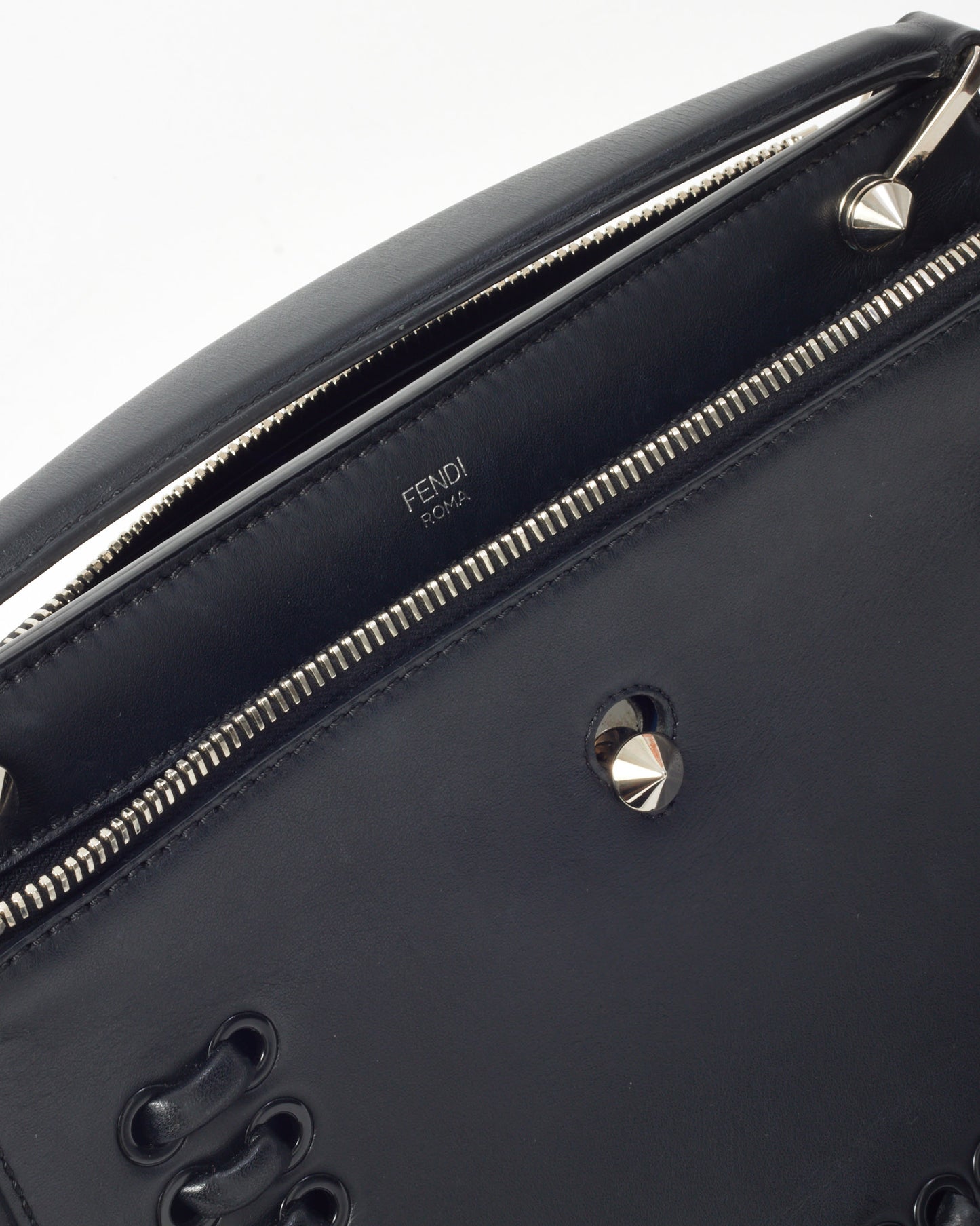 Fendi Black Vitello Baltico Dolce Shiny Nappa Lace Up DotCom Satchel Bag with Strap