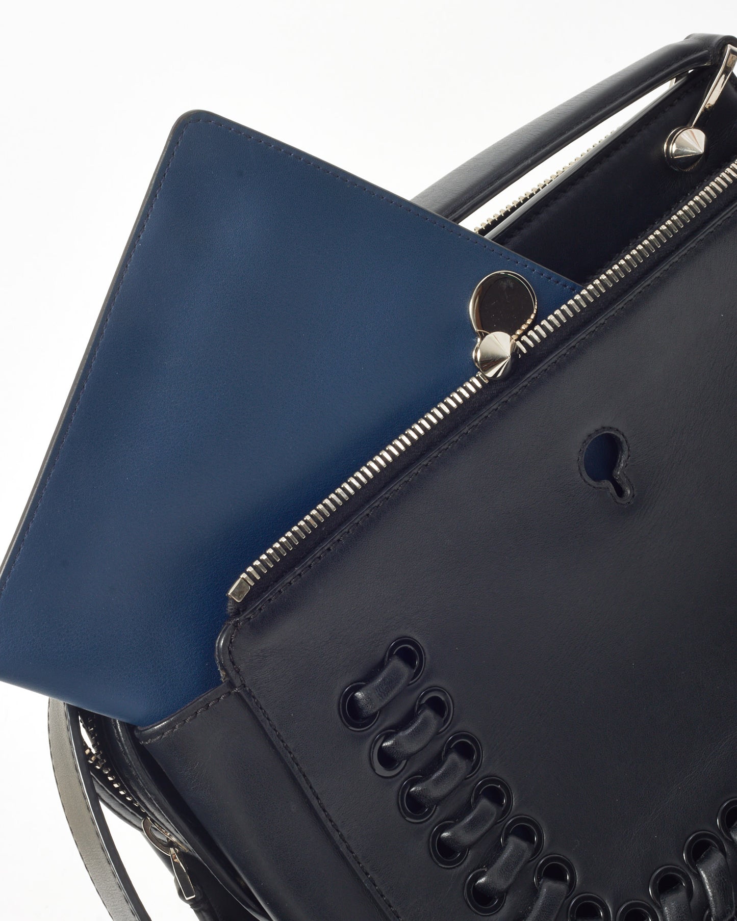 Fendi Black Vitello Baltico Dolce Shiny Nappa Lace Up DotCom Satchel Bag with Strap