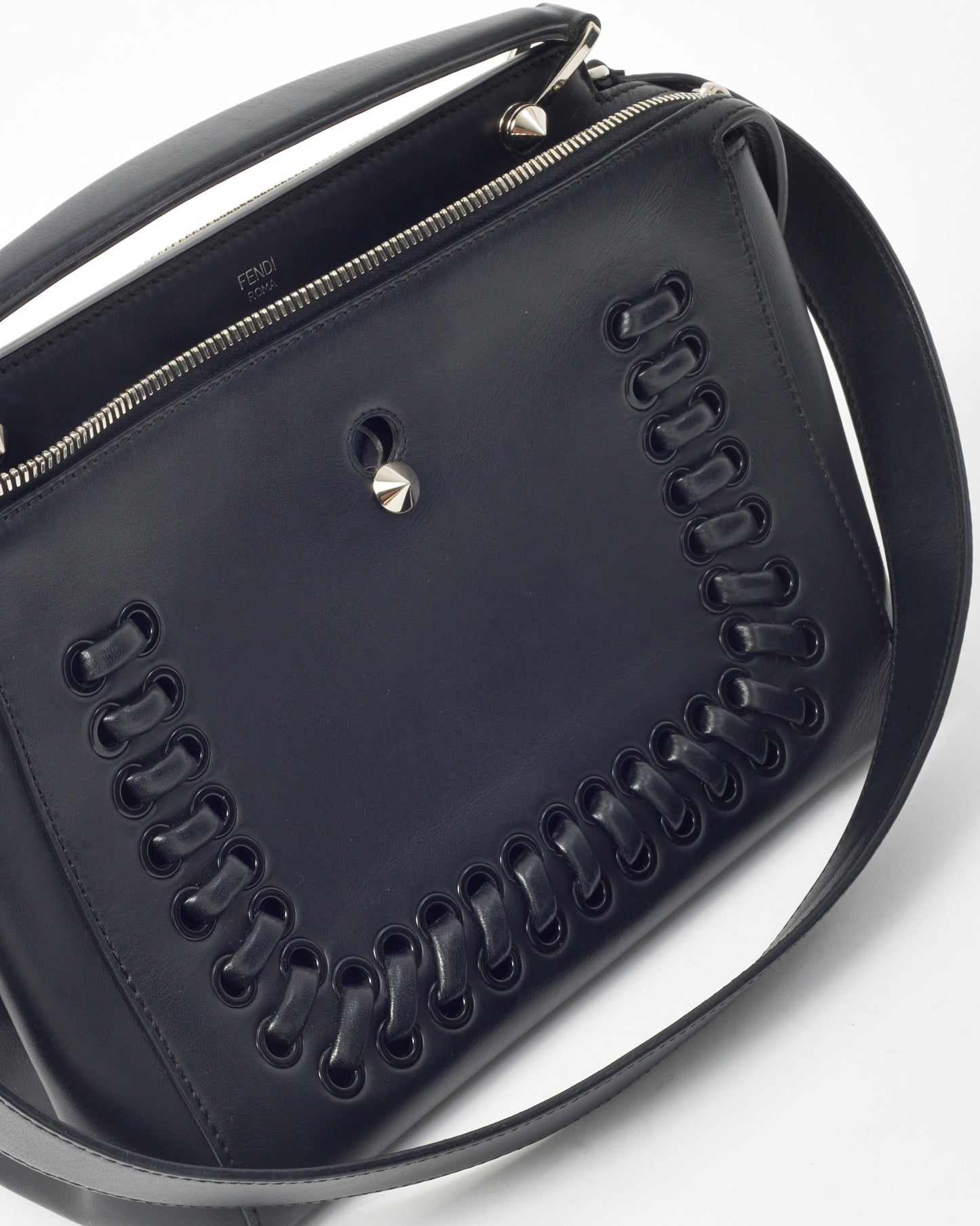 Fendi Black Vitello Baltico Dolce Shiny Nappa Lace Up DotCom Satchel Bag with Strap