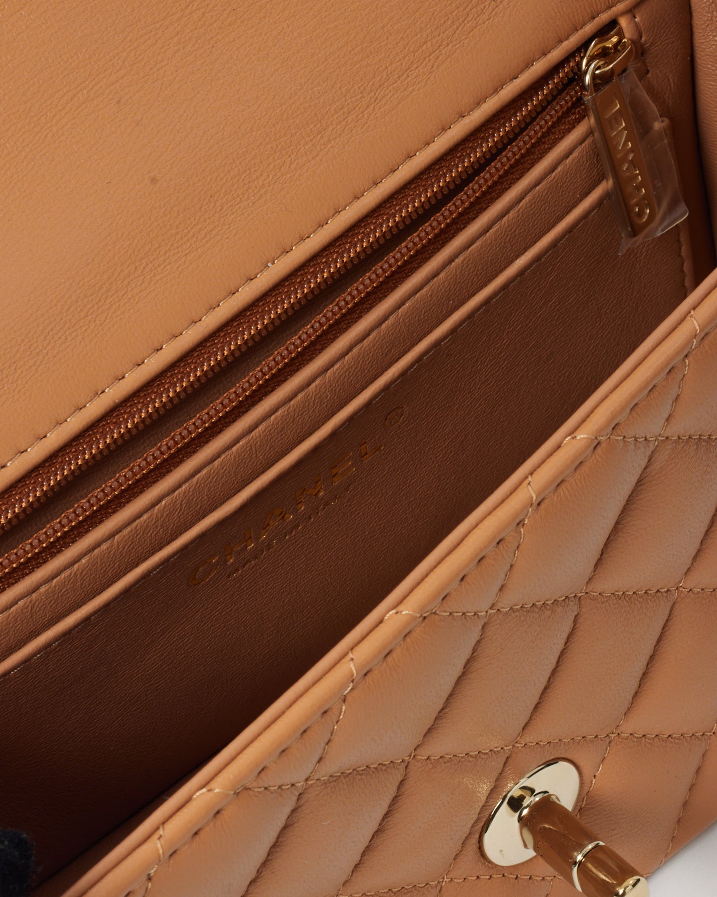 Chanel Dark Beige Lambskin Leather Mini Rectangular Top Handle Flap Bag GHW