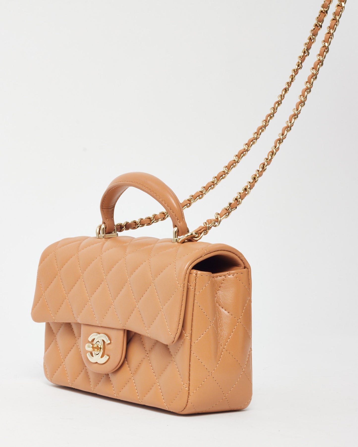 Chanel Dark Beige Lambskin Leather Mini Rectangular Top Handle Flap Bag GHW