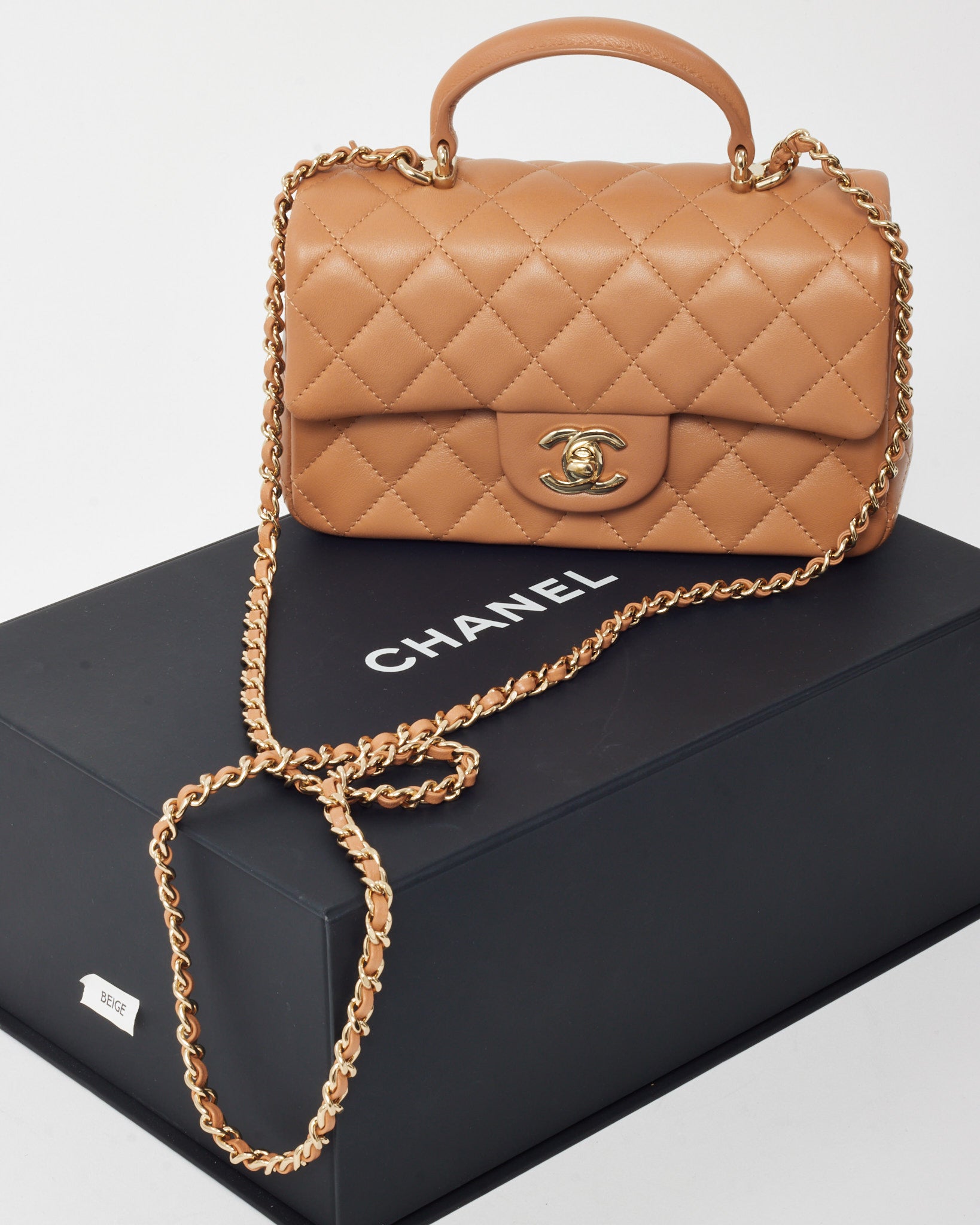 Buy Chanel Dark Beige Lambskin Leather Mini Rectangular Top Handle