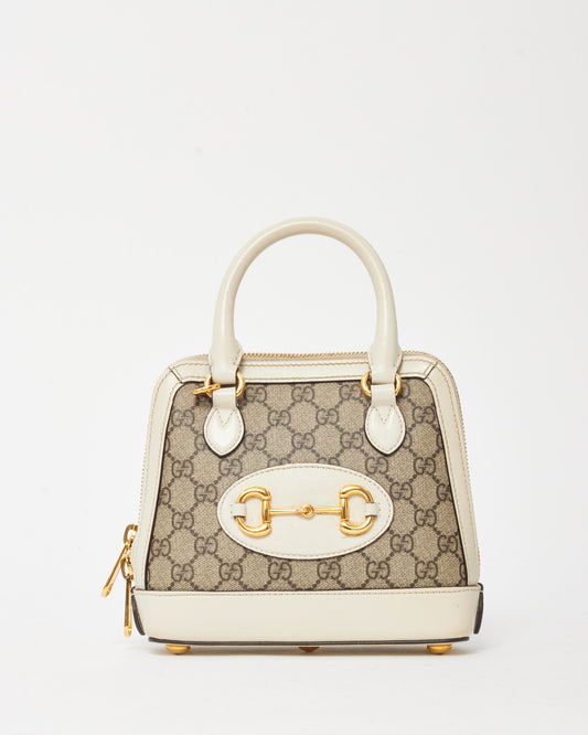 Gucci White and Beige GG Supreme Coated Canvas Mini Horsebit 1955 Top Handle Bag with Strap