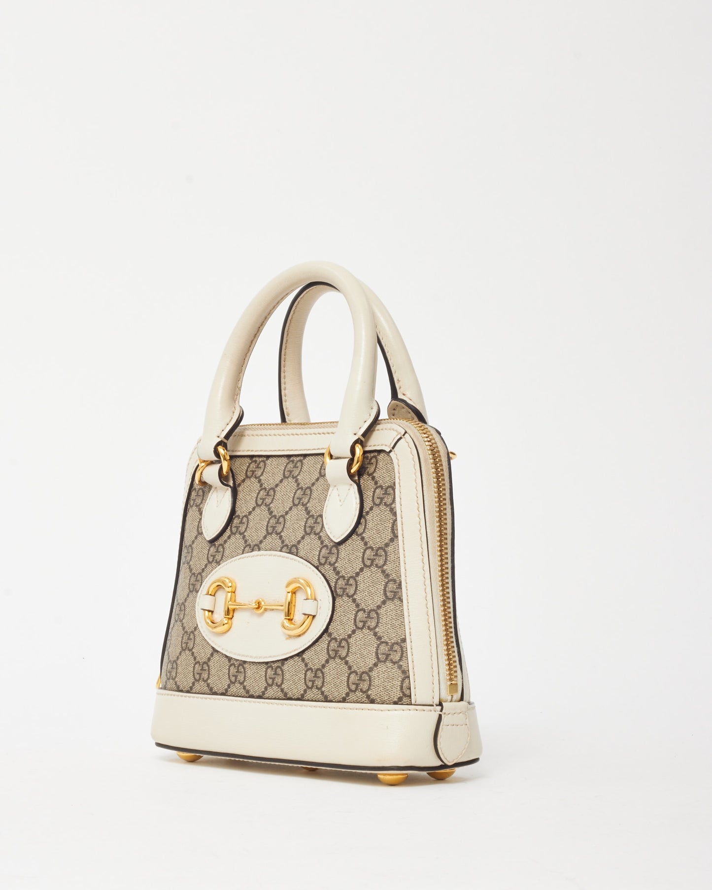 Gucci White and Beige GG Supreme Coated Canvas Mini Horsebit 1955 Top Handle Bag with Strap