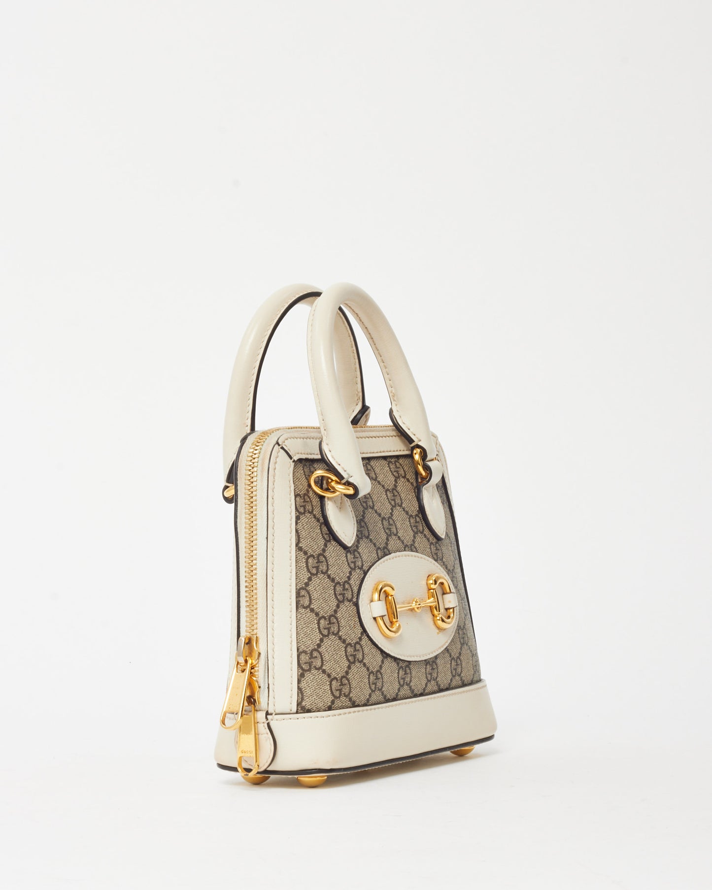 Gucci White and Beige GG Supreme Coated Canvas Mini Horsebit 1955 Top Handle Bag with Strap