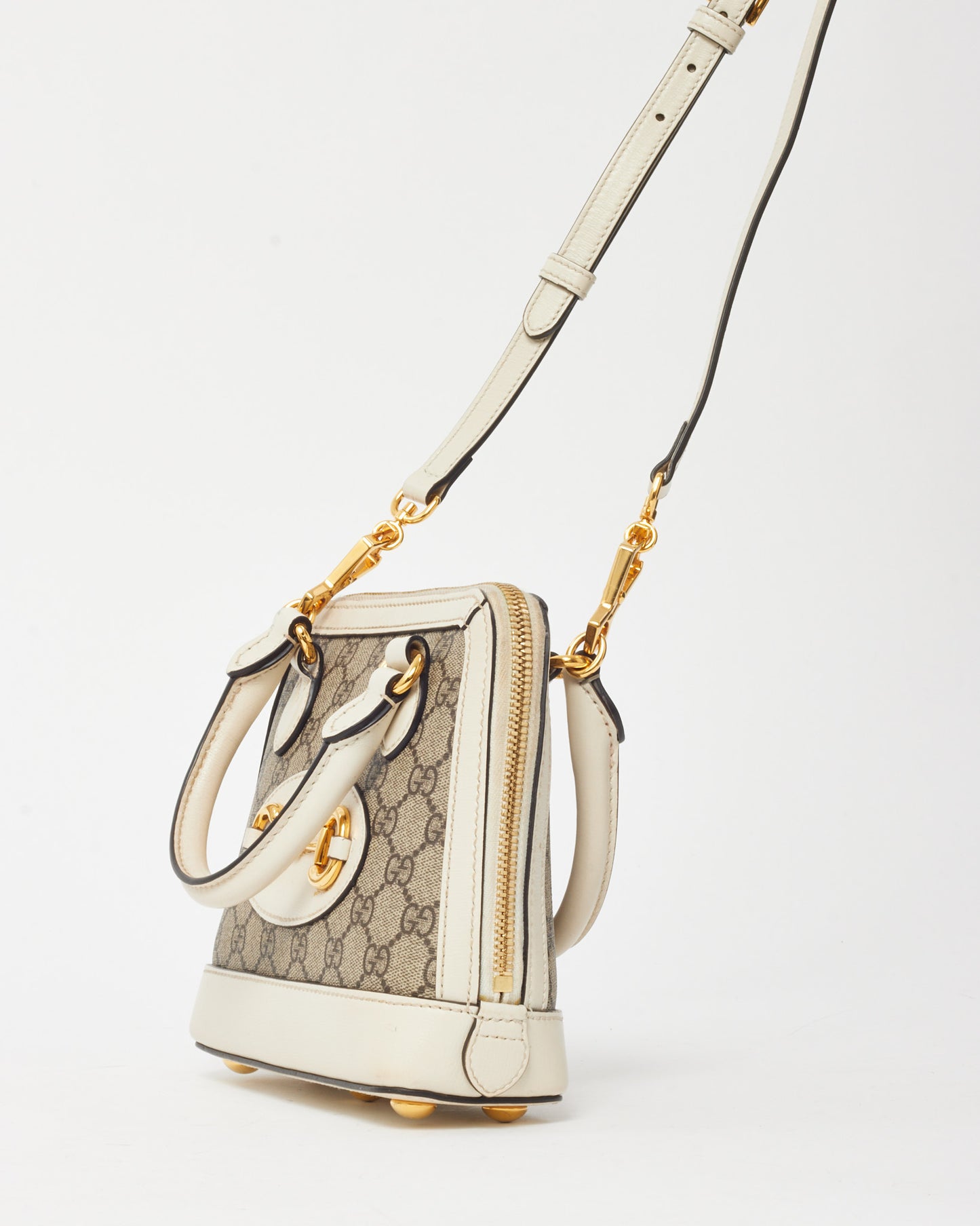 Gucci White and Beige GG Supreme Coated Canvas Mini Horsebit 1955 Top Handle Bag with Strap