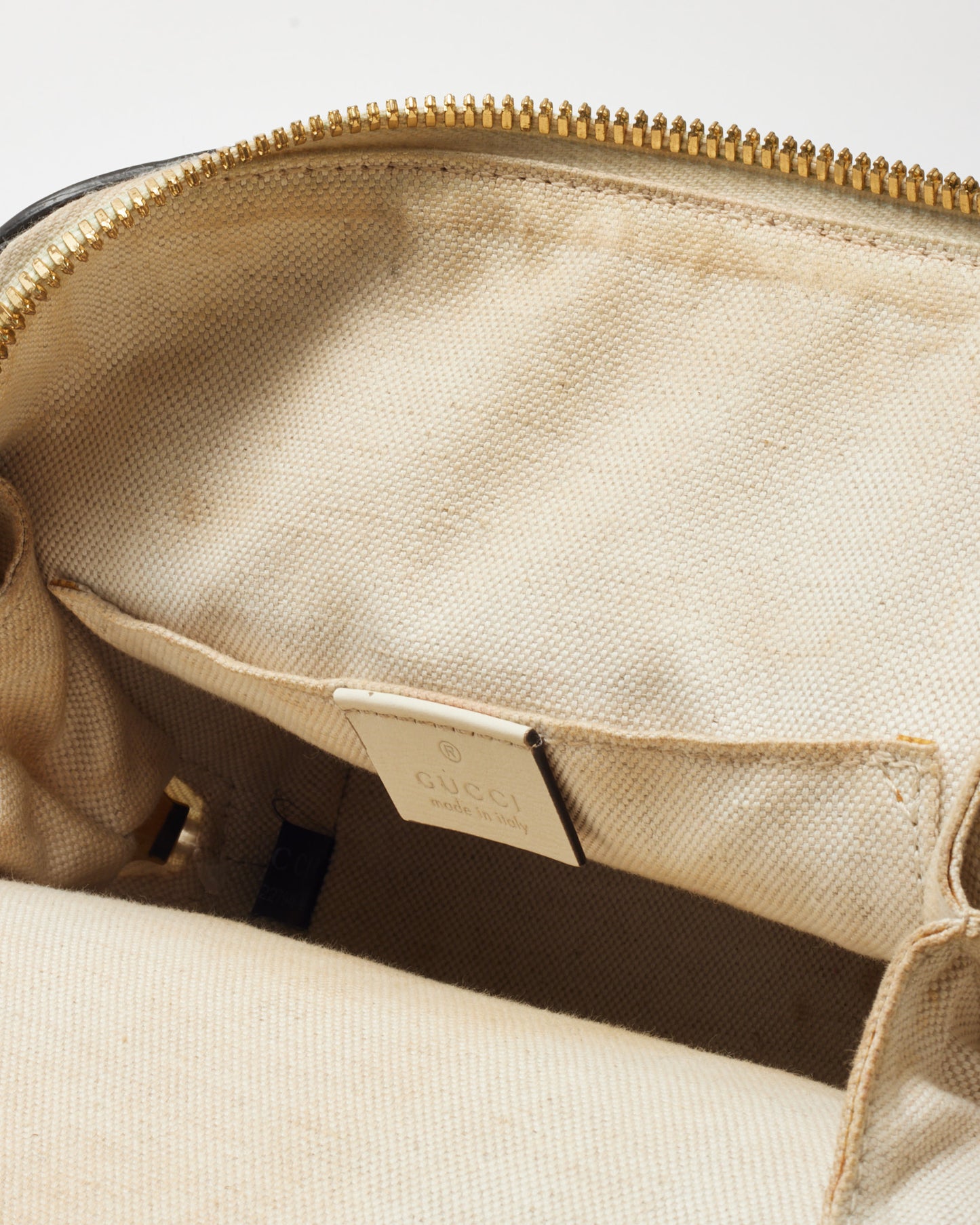 Gucci White and Beige GG Supreme Coated Canvas Mini Horsebit 1955 Top Handle Bag with Strap