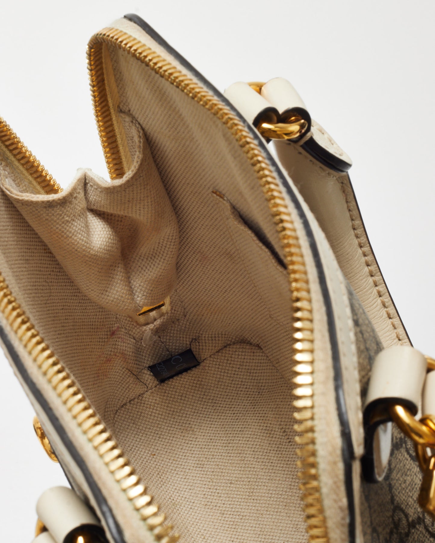 Gucci White and Beige GG Supreme Coated Canvas Mini Horsebit 1955 Top Handle Bag with Strap