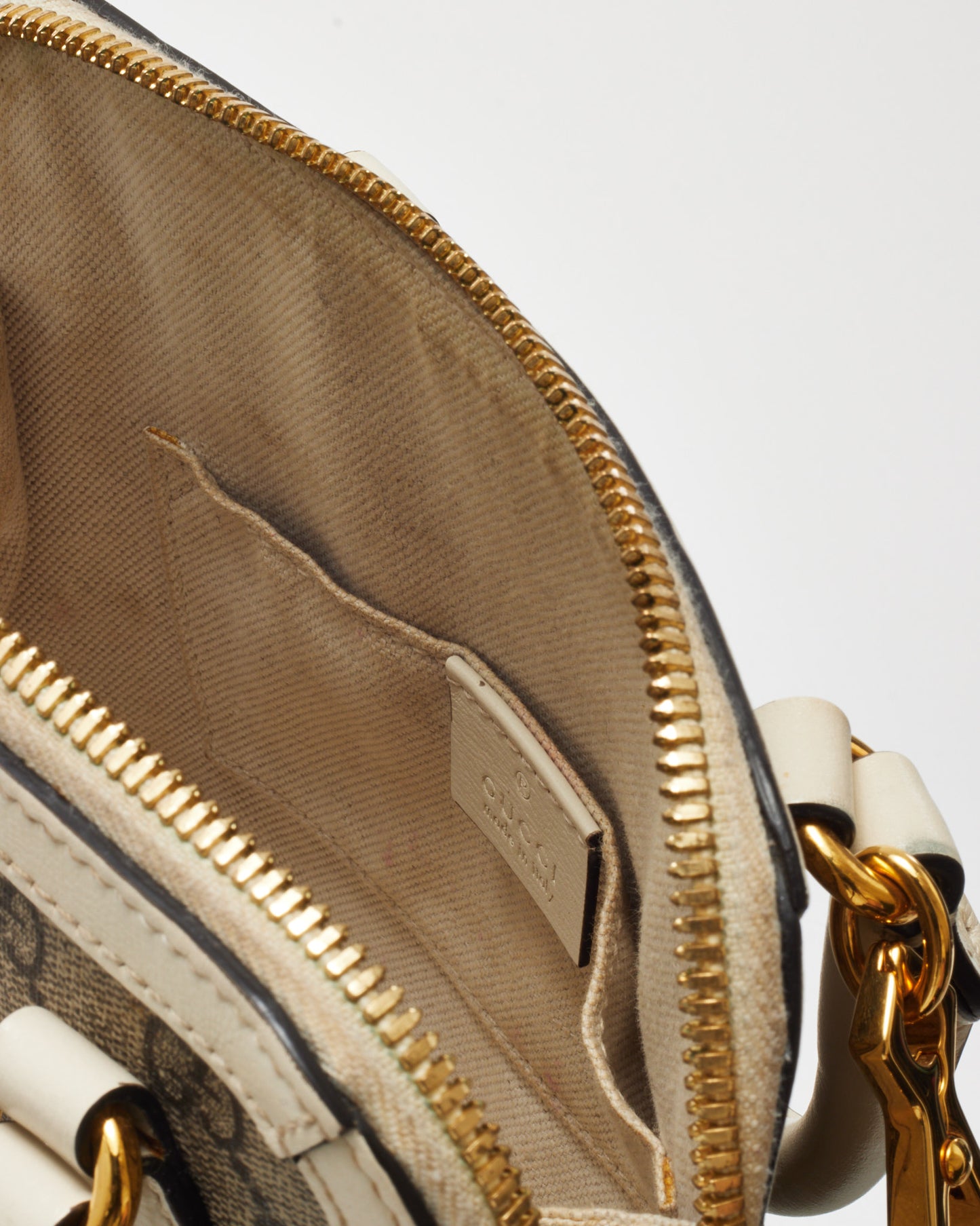 Gucci White and Beige GG Supreme Coated Canvas Mini Horsebit 1955 Top Handle Bag with Strap