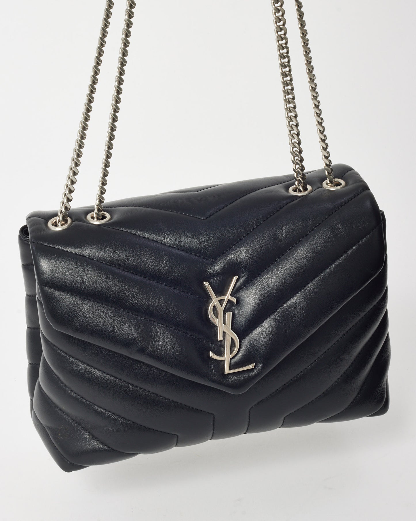 Saint Laurent Black Chevron Leather Small YSL Monogram Loulou Shoulder Bag SHW