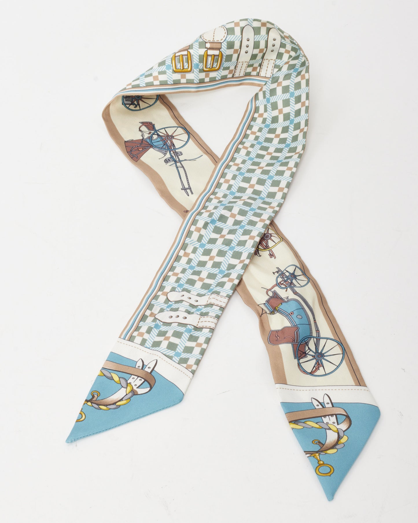 Hermès Beige/Bleu/Multi "Les Voitures Nouvelle" Twilly Scarf