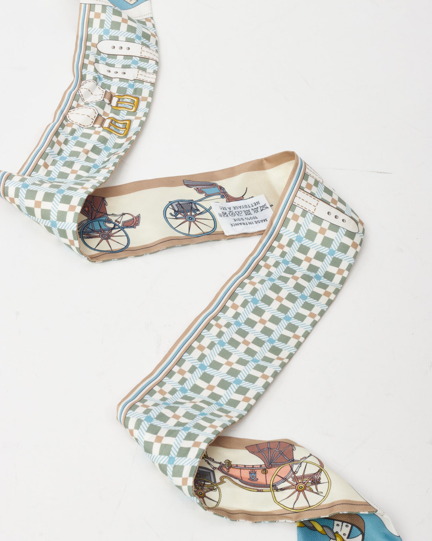 Hermès Beige/Bleu/Multi "Les Voitures Nouvelle" Twilly Scarf