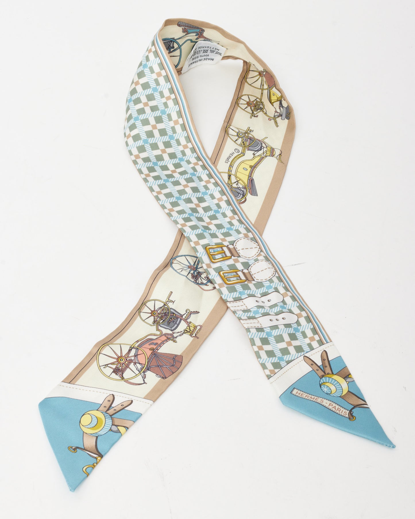 Hermès Beige/Bleu/Multi "Les Voitures Nouvelle" Twilly Scarf