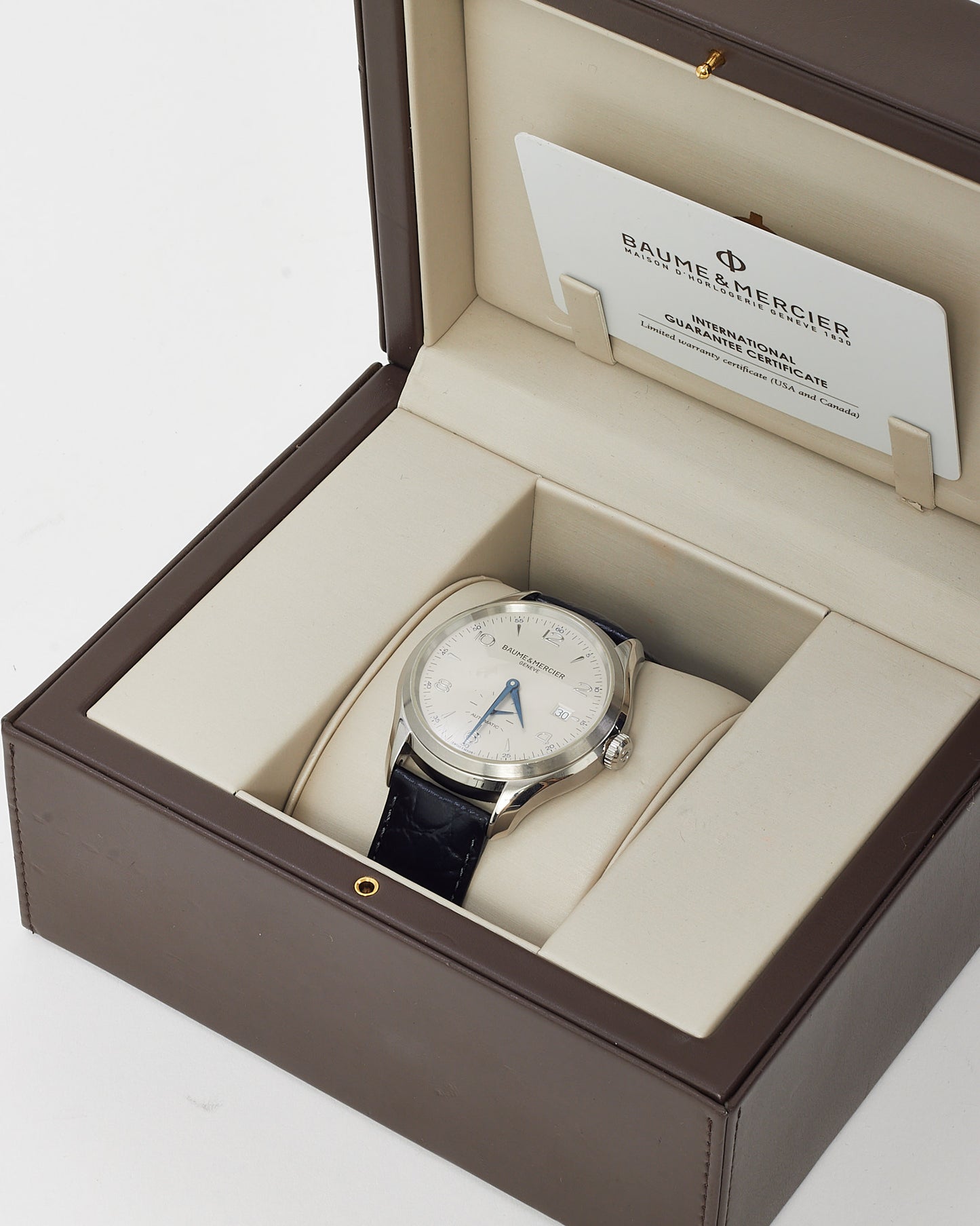 Baume & Mercier Stainless Steel, White Dial, Black Croc Leather Clifton Baumatic 40mm Watch
