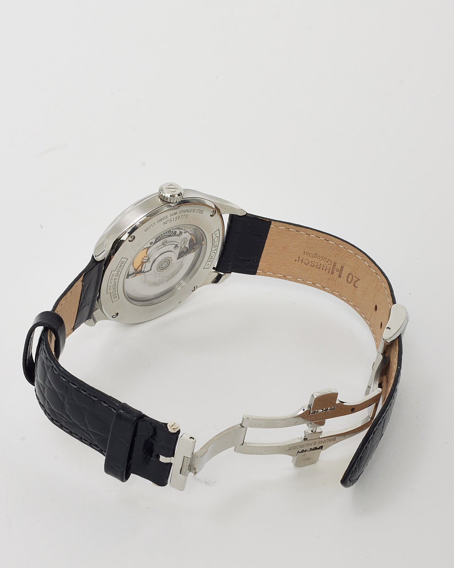 Baume & Mercier Stainless Steel, White Dial, Black Croc Leather Clifton Baumatic 40mm Watch