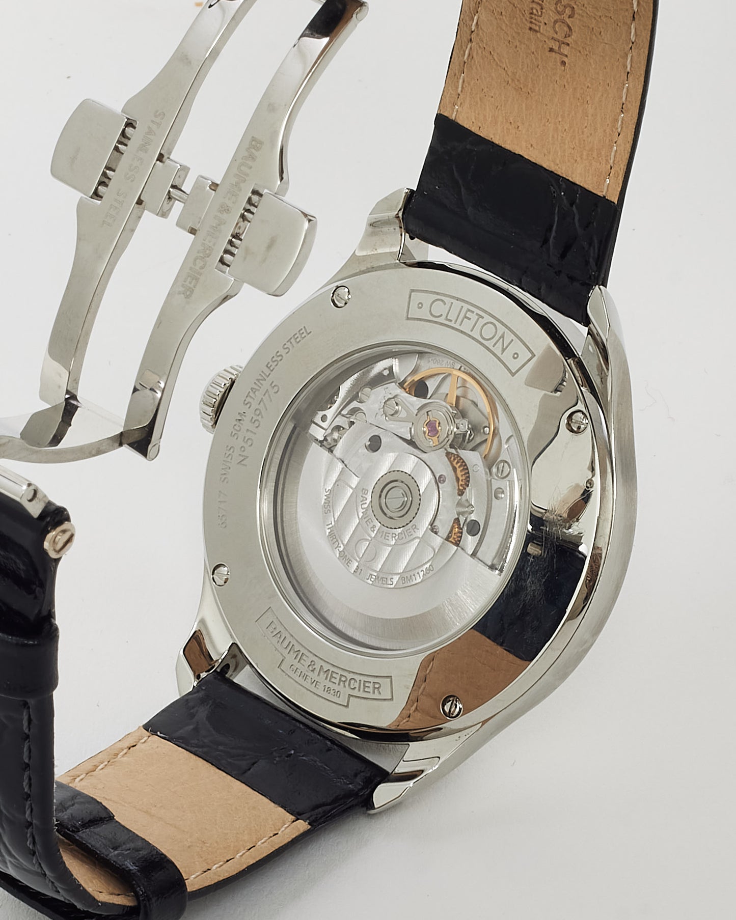 Baume & Mercier Stainless Steel, White Dial, Black Croc Leather Clifton Baumatic 40mm Watch