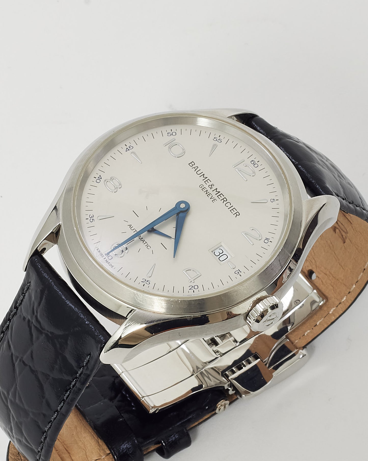 Baume & Mercier Stainless Steel, White Dial, Black Croc Leather Clifton Baumatic 40mm Watch