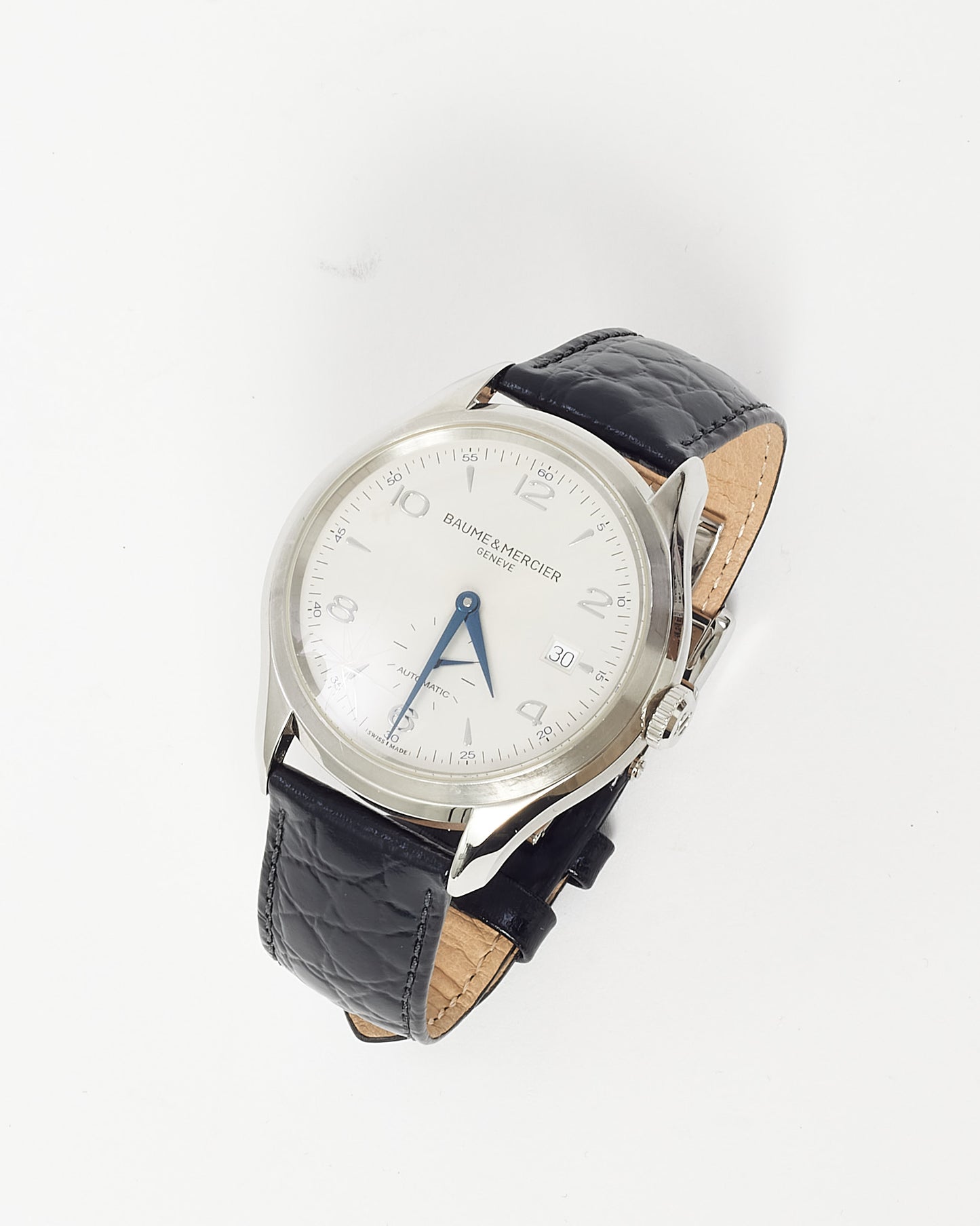 Baume & Mercier Stainless Steel, White Dial, Black Croc Leather Clifton Baumatic 40mm Watch