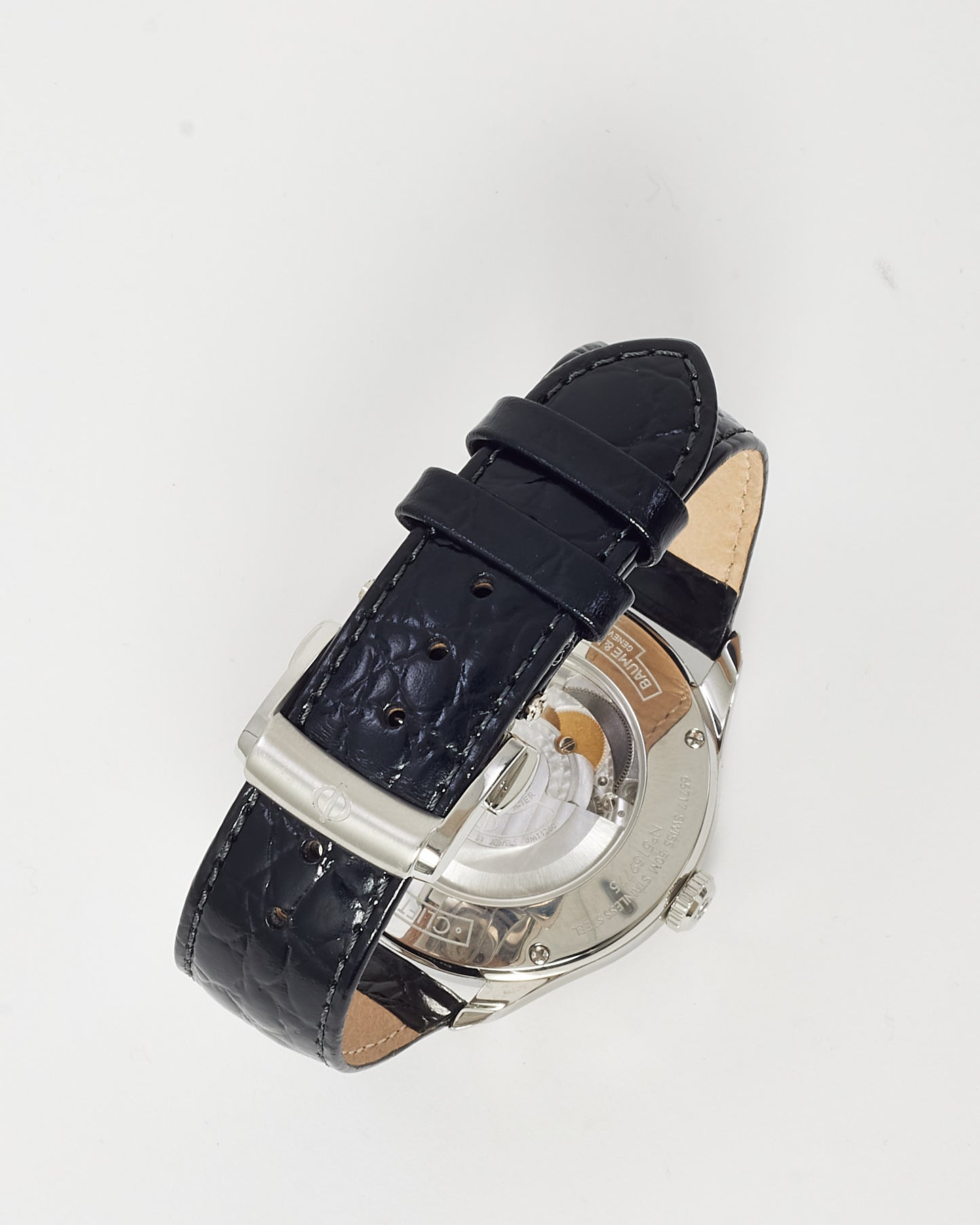 Baume & Mercier Stainless Steel, White Dial, Black Croc Leather Clifton Baumatic 40mm Watch