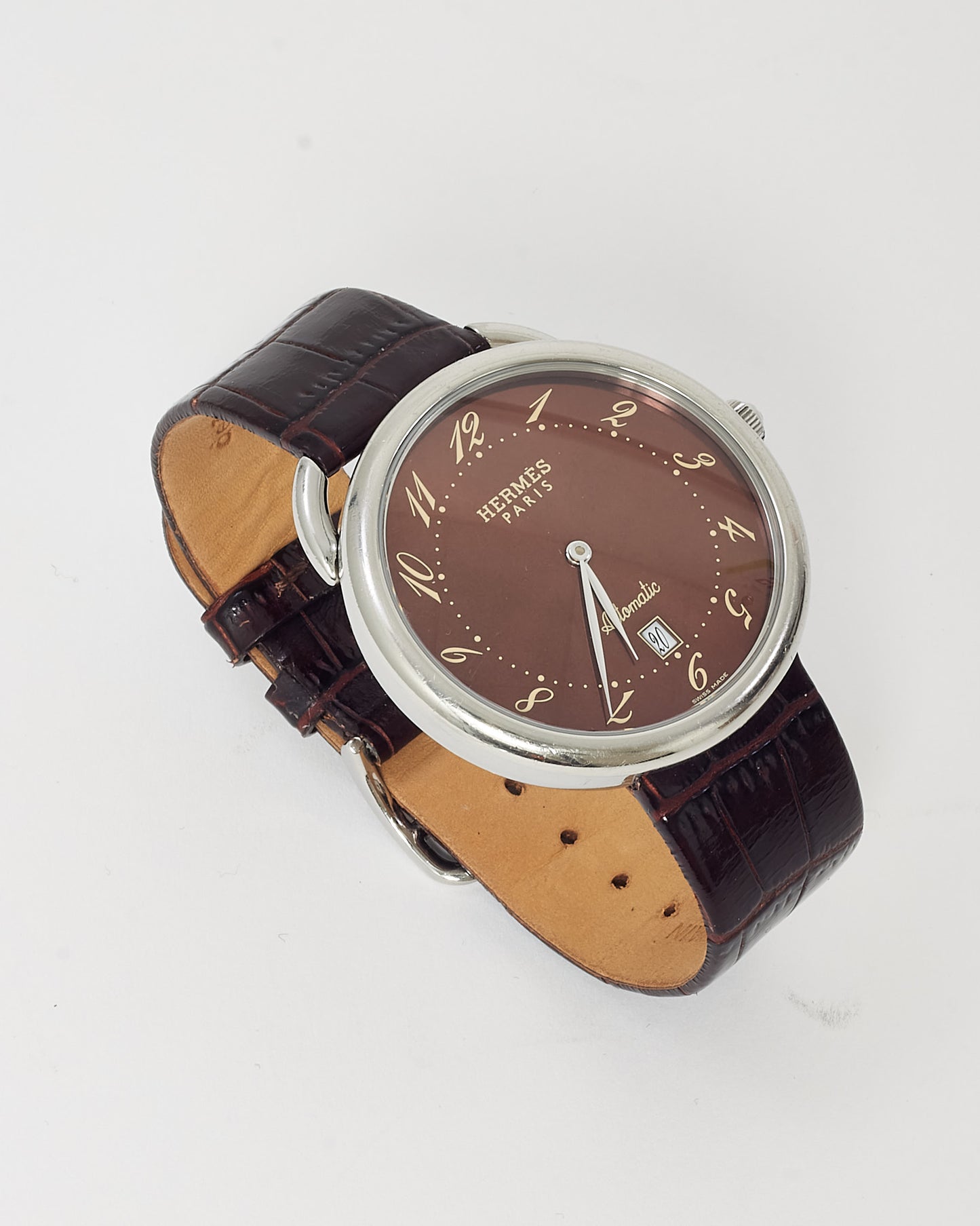 Hermès Steel, Brown Dial and Brown Croc Leather Arceau 41mm Watch