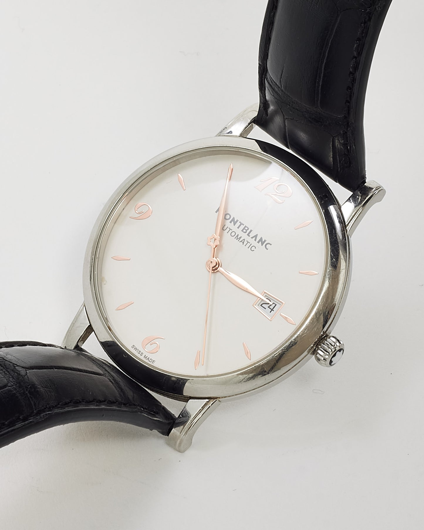 Montblanc Silver Steel, Black Croc Leather, Rose Gold Hour Markers 4810 Round Automatic 42mm Watch