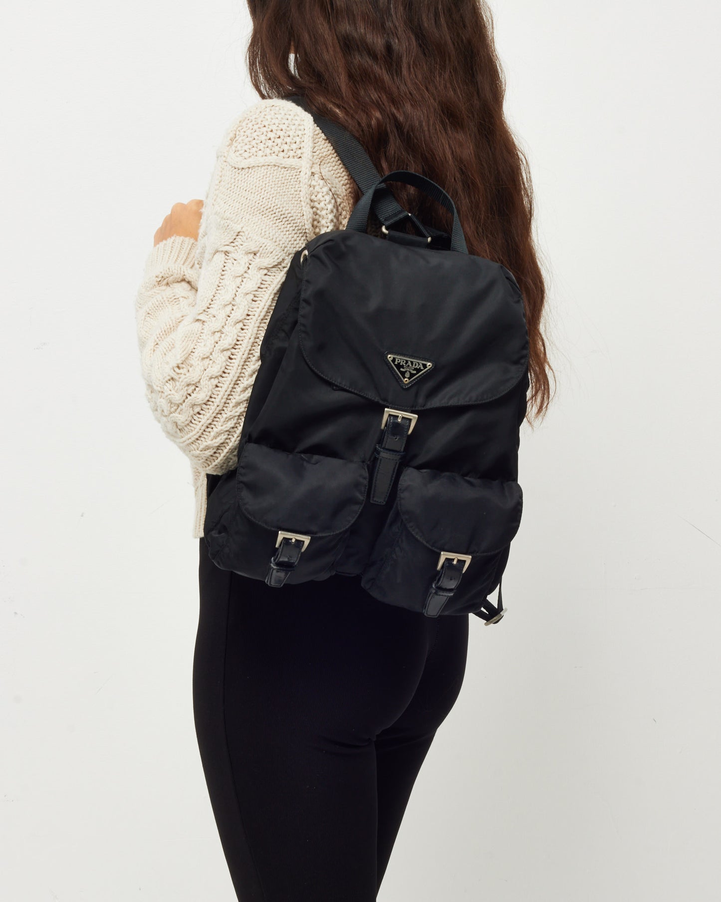 Prada Black Tessuto Nylon Vela Small Double Pocket Drawstring Backpack