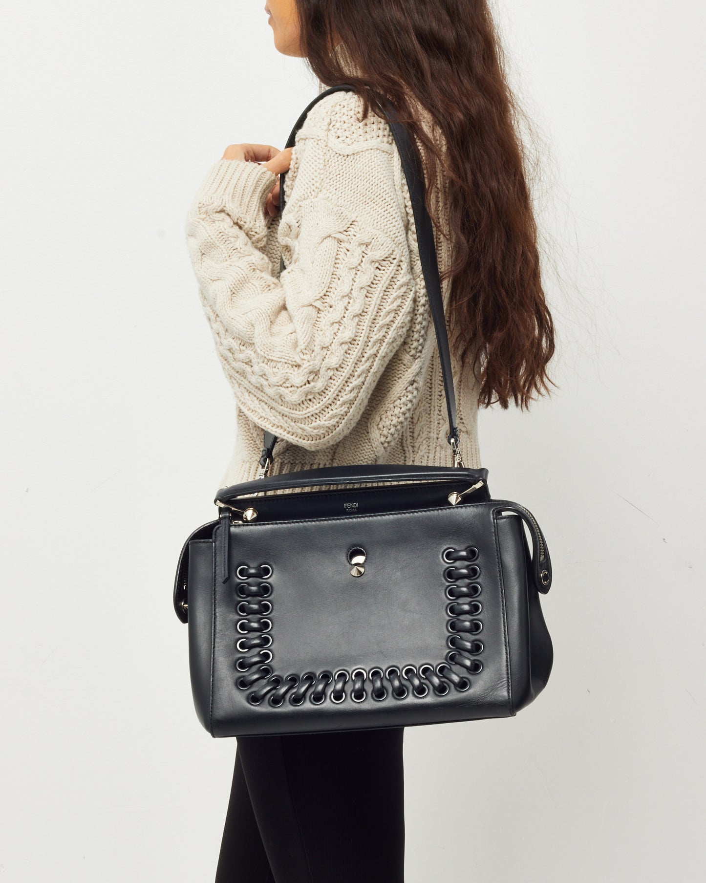 Fendi Black Vitello Baltico Dolce Shiny Nappa Lace Up DotCom Satchel Bag with Strap