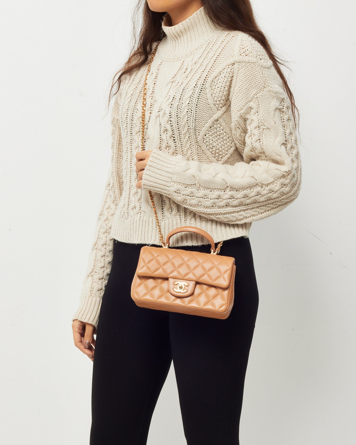 Chanel Dark Beige Lambskin Leather Mini Rectangular Top Handle Flap Bag GHW