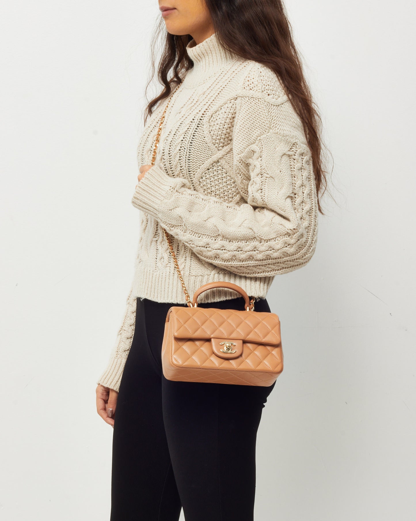 Chanel Dark Beige Lambskin Leather Mini Rectangular Top Handle Flap Bag GHW