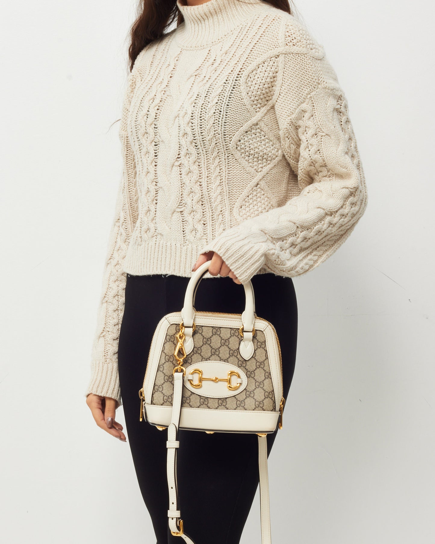 Gucci White and Beige GG Supreme Coated Canvas Mini Horsebit 1955 Top Handle Bag with Strap