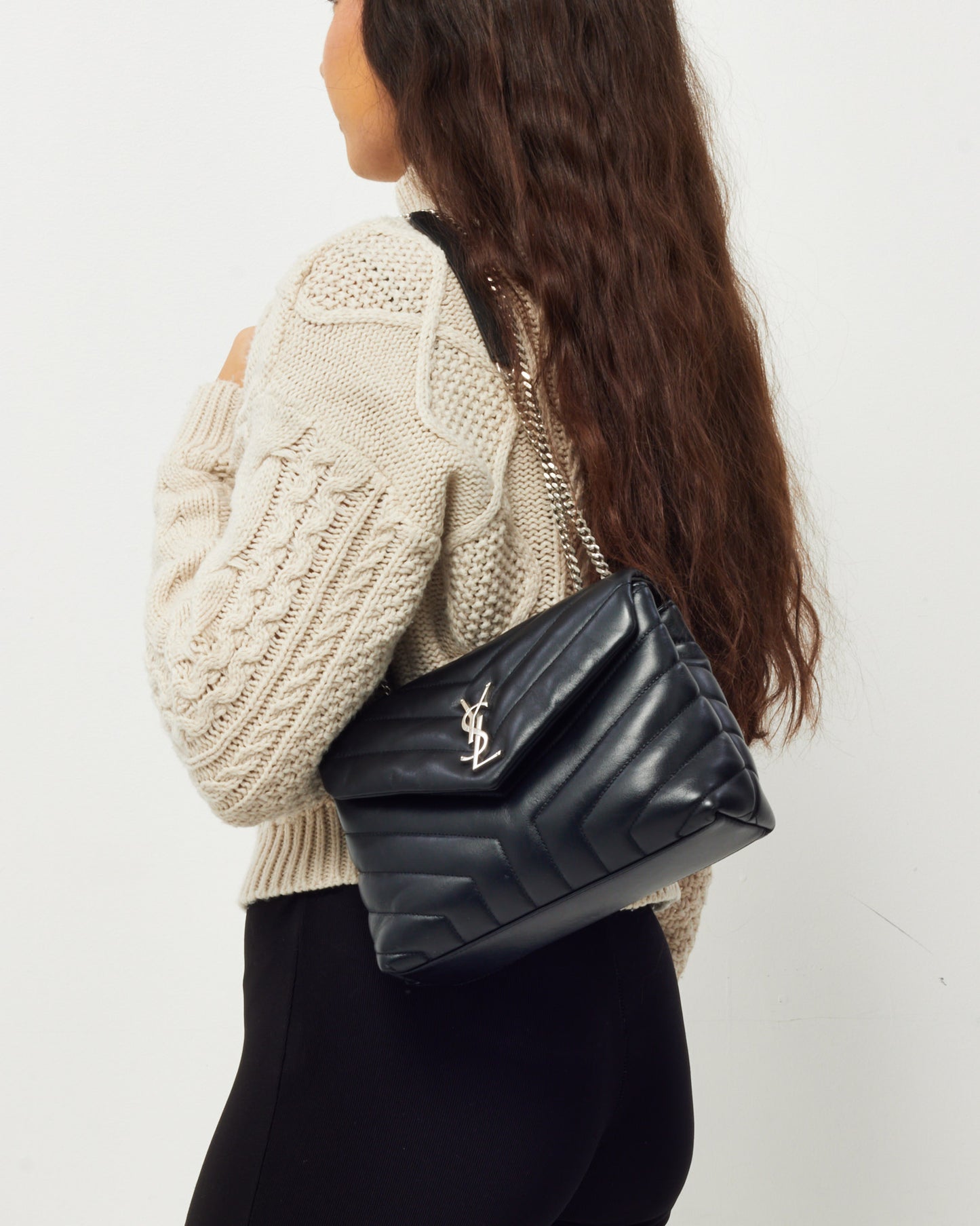 Saint Laurent Black Chevron Leather Small YSL Monogram Loulou Shoulder Bag SHW