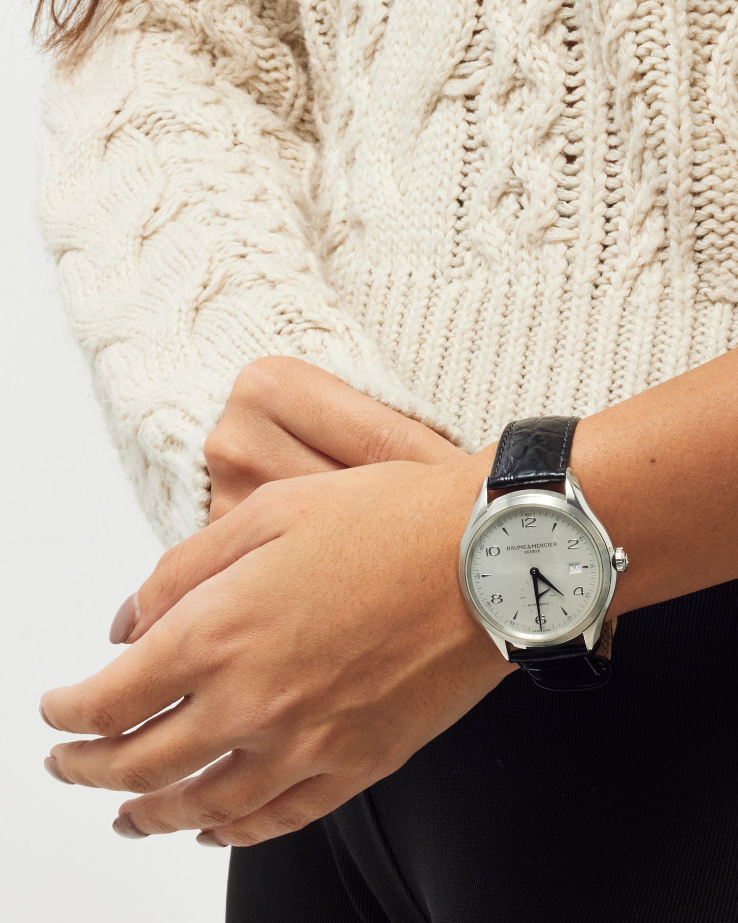 Baume & Mercier Stainless Steel, White Dial, Black Croc Leather Clifton Baumatic 40mm Watch