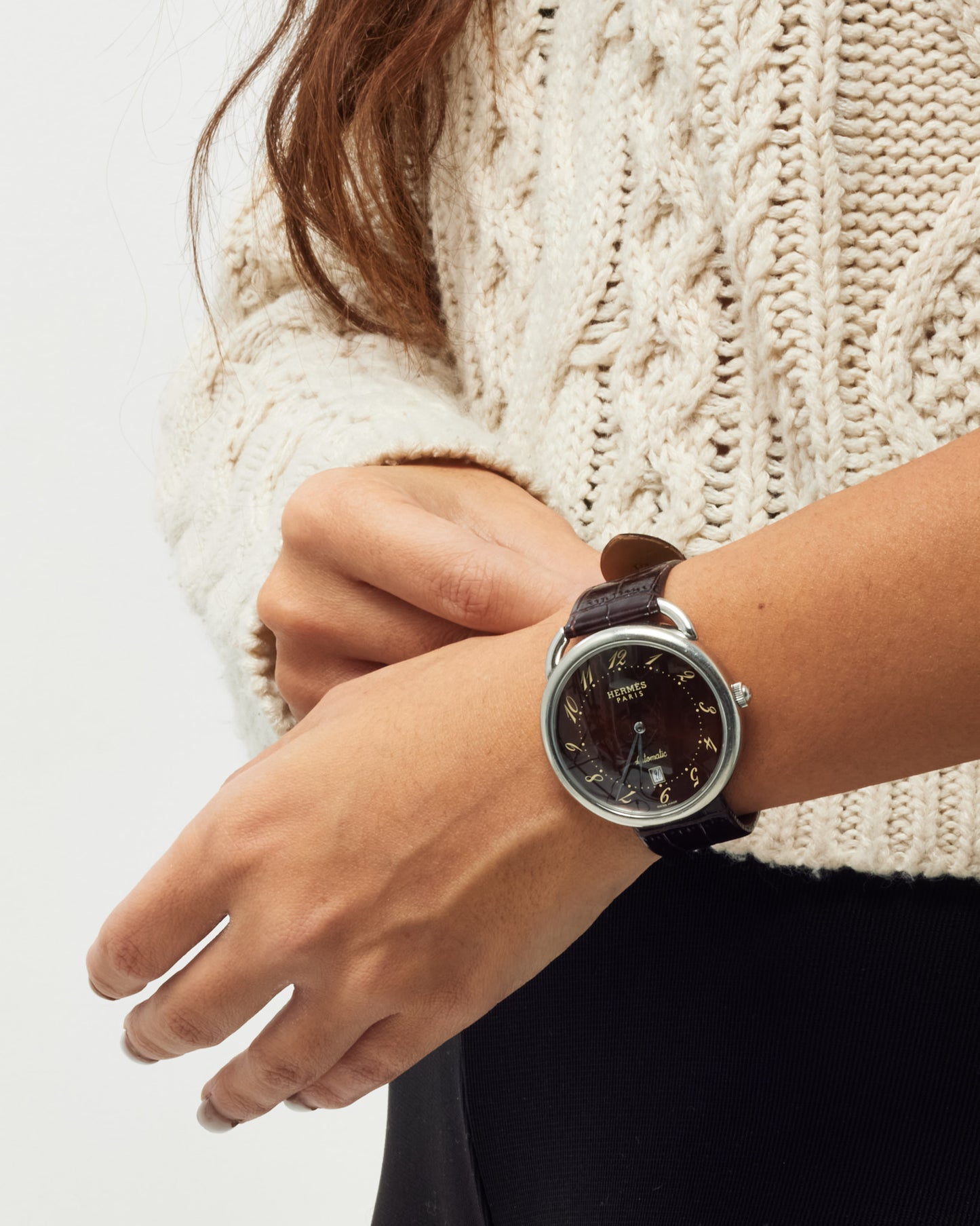 Hermès Steel, Brown Dial and Brown Croc Leather Arceau 41mm Watch