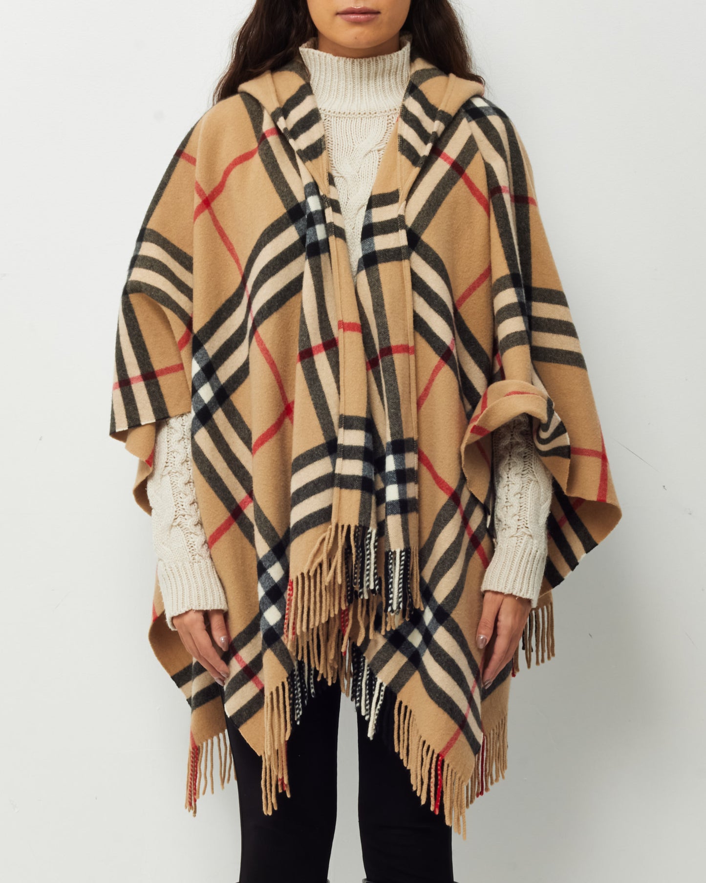 Burberry Beige Check Wool Fringe Hooded Cape Poncho Wrap Shawl - OS