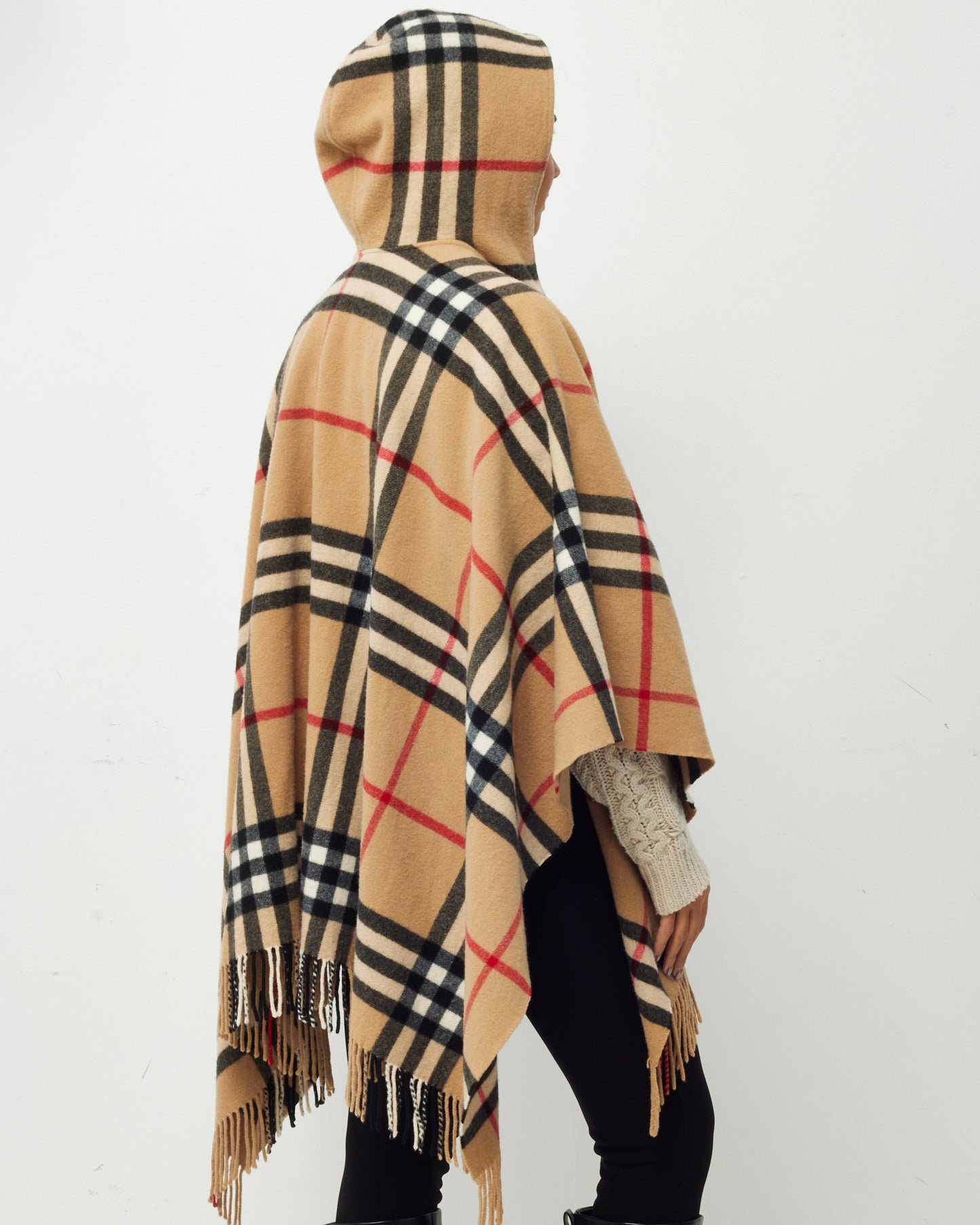 Burberry Beige Check Wool Fringe Hooded Cape Poncho Wrap Shawl - OS