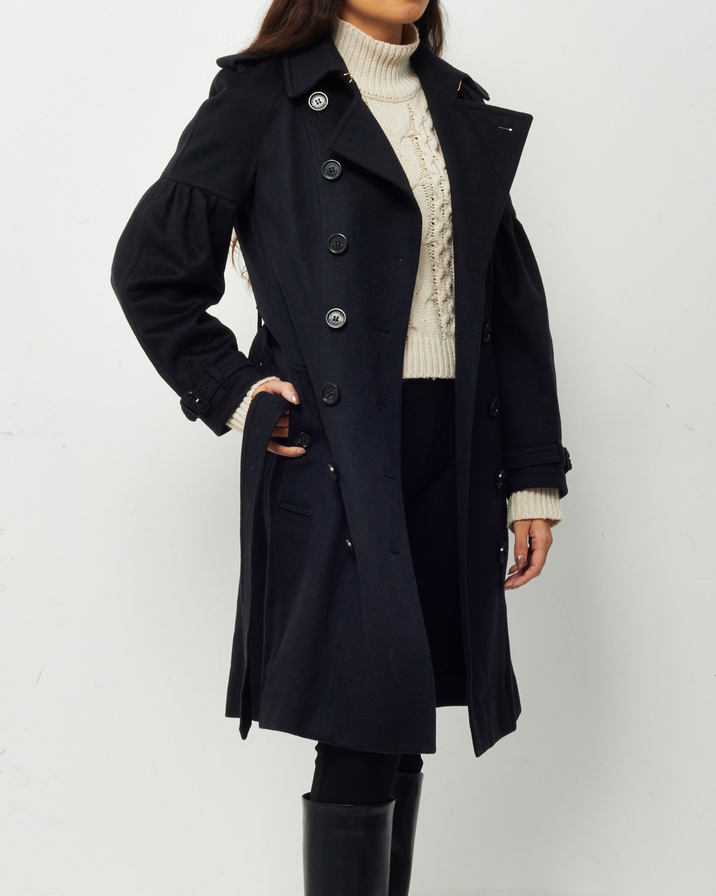 Burberry Black Wool Mid-Length Balloon Sleeve Belted Trench Coat - US 8