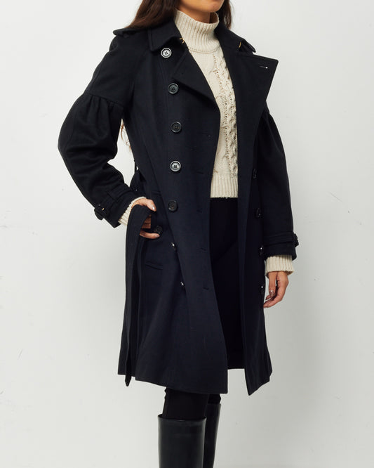 Burberry Black Wool Mid-Length Balloon Sleeve Belted Trench Coat - US 8