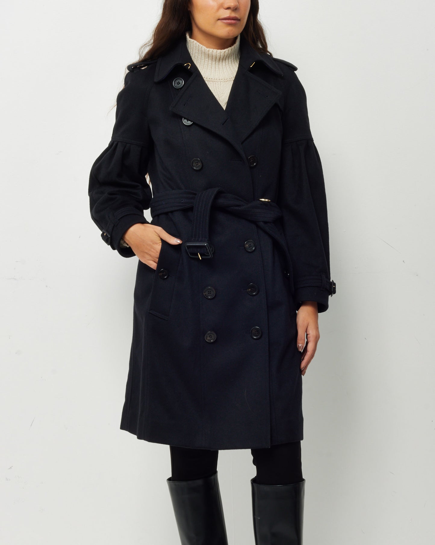 Burberry Black Wool Mid-Length Balloon Sleeve Belted Trench Coat - US 8
