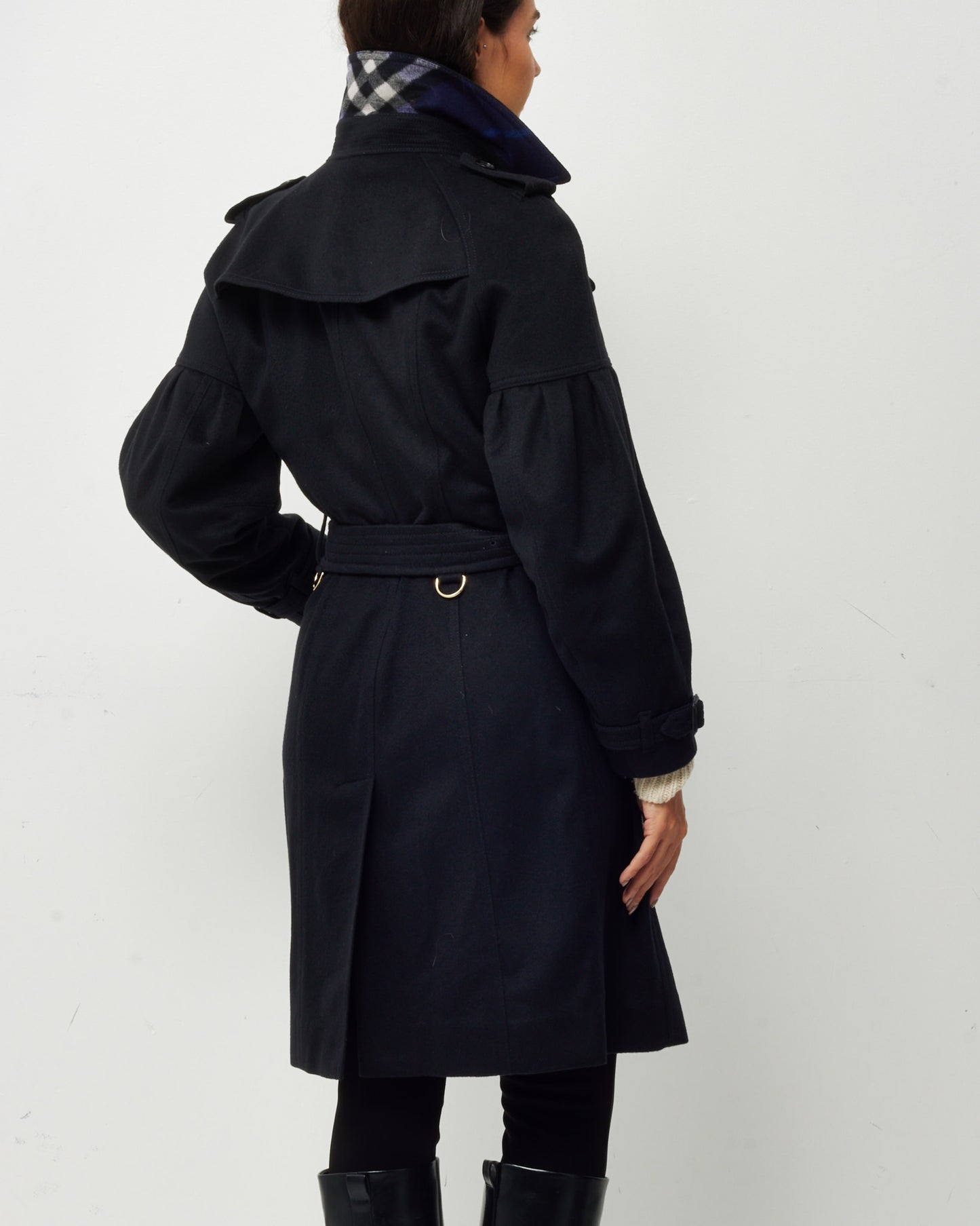 Burberry Black Wool Mid-Length Balloon Sleeve Belted Trench Coat - US 8