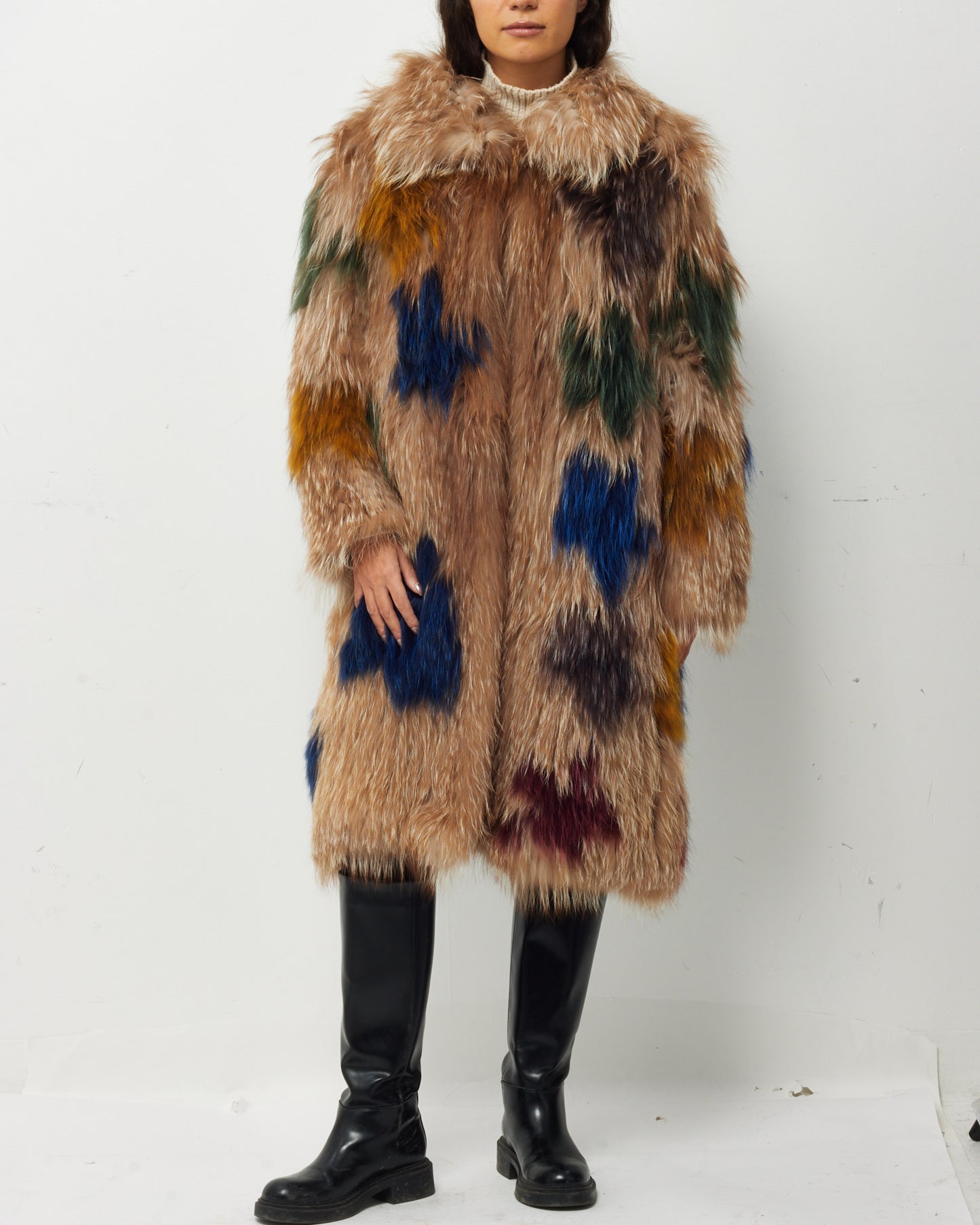 Foxy the Label Brown/Beige Multicolor Detail Fox Fur Coat - M