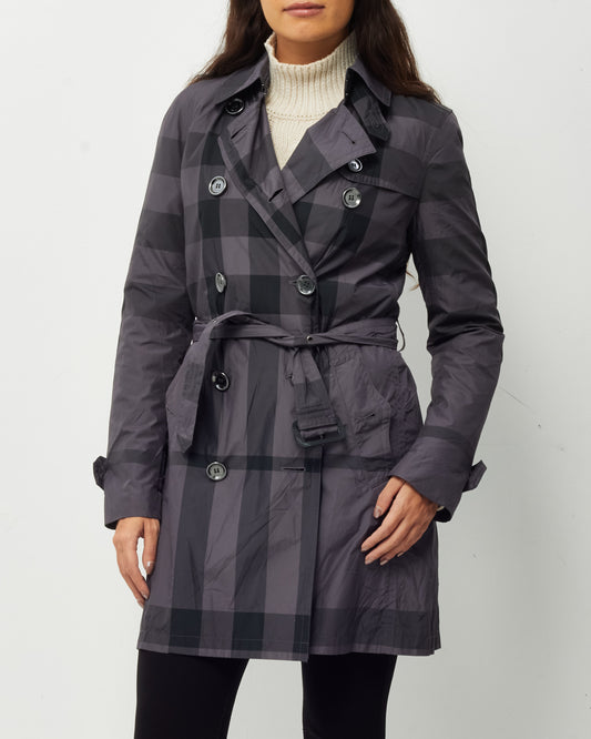 Burberry Brit Grey Nova Check Plaid Belted Trench Rain Coat - US 6